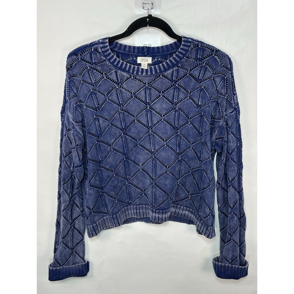 a.n.a Women's Crochet Sweater Navy Pullover Long Sleeve Size XS Boho Dip Dye - Picture 1 of 8